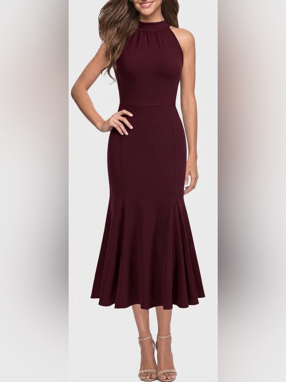 Sleeveless High-Neck A-Line Mermaid Skirt — Wine